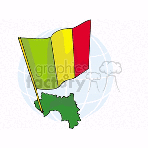 The clipart image shows a stylized representation of the national flag of Guinea, comprised of vertical stripes in the colors green, yellow, and red. The flag is positioned in the foreground with a partial globe outline in the background, which seems to suggest an international context. There is also a depiction of the country's geographic outline in green beneath the flag, indicating the flag's national association.