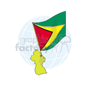 The clipart image features the flag of Guyana, depicted as if it's fluttering, superimposed over an outline map of Guyana which is in turn placed on top of a stylized globe background.