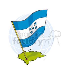 The clipart image features the flag of Honduras, depicted as fluttering on a flagpole. In the background, there is a stylized globe, partially visible focusing on the Americas. Below the flagpole where the flag's base meets, it is pinned to a green geographical representation of Honduras.