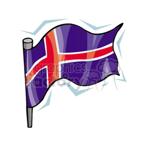 The image is a stylized clipart representation of the flag of Iceland. It shows a flagpole on the left with the flag waving to the right. The flag's design consists of a blue field with a white cross that extends to the edges of the flag. The white cross is overlaid by a smaller red cross within it. The colors and design elements are indicative of the flag of Iceland.