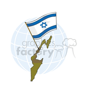 The image is of the flag of Israel with a two-tone blue Star of David and stripes, mounted on a pole and positioned in front of a stylized globe. The globe highlights the continents in a simplified form. The flag appears prominently over the globe's surface, suggesting the representation of Israel on a global scale. Landmasses resembling parts of the Middle East and Africa are visible on the globe.