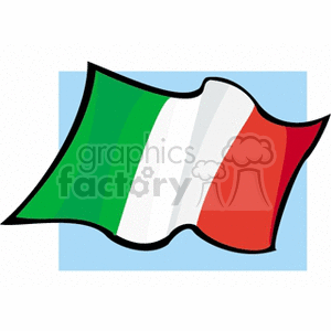 The image is a stylized illustration of the flag of Italy. It features three vertical stripes in the colors green, white, and red. The background is light blue and the flag has a wave to it, conveying a sense of movement.