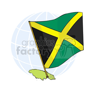 The image depicts a stylized illustration of the flag of Jamaica, recognizable by its distinctive black diagonal cross flanked by four triangles—two in green at the top and bottom and two in gold at the hoist and fly sides. In the background, there is a representation of a globe, signifying an international context. There's also a faint outline of what appears to be the island of Jamaica at the base of the flagpole.