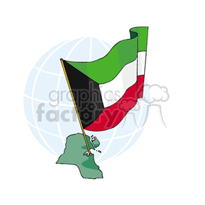 The clipart image features the national flag of Kuwait, with a green, white, red, and black color scheme, draped on a flagpole. In the background, there is a stylized globe graphic, and in the foreground, it appears to be an outlined map of Kuwait. The colors of the flag are arranged as follows: a black trapezium on the hoist side next to the flagpole, followed by horizontal stripes of green, white, and red.
