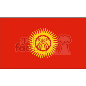 This image features the national flag of Kyrgyzstan. The flag is predominately red with a yellow sun in the center that has 40 uniformly spaced rays. Inside the sun, there is a red ring crossed by two sets of three lines, a stylization of the tündük (or tyundyuk), the crown of the traditional Kyrgyz yurt, which is a symbol of family and home.
