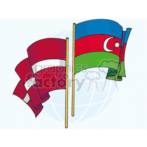 The clipart image depicts two national flags superimposed over a stylized image of a globe. On the left is the flag of Latvia, which has a carmine field bisected by a narrow white stripe. On the right is the flag of Azerbaijan, which consists of three horizontal stripes in blue, red, and green, with a white crescent and an eight-pointed star in the center of the red stripe.