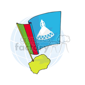 The clipart image depicts a stylized rendering of the flag of Lesotho in front of a simplified globe illustration, with the continent of Africa highlighted. The flag is notable for its blue field, and features a white mokorotlo, a traditional Basotho hat, in the center. A diagonal stripe containing a black triangle bordered by white, and a green and red stripe, is shown on the hoist side of the flag.