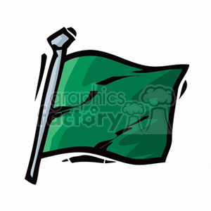 The clipart image depicts a stylized version of a green flag attached to a flagpole. The flag is illustrated with waves to give the impression that it is fluttering in the wind.