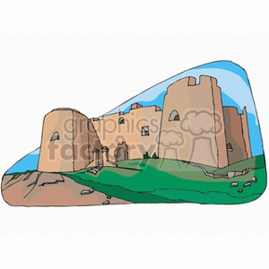 Illustration of a historic chateau building with fort-like features on a grassy landscape.