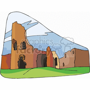 Clipart image of ancient ruins resembling historical landmarks, showcasing a partially demolished building.