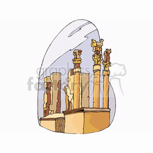 Illustrated image of ancient pillars and structures resembling historic ruins, possibly depicting international landmarks.