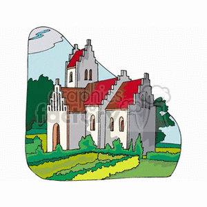 Clipart of a historic European-style church with red roofs surrounded by greenery.