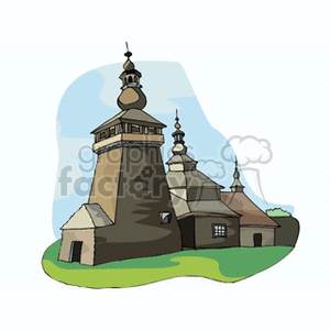 Illustration of a historical wooden church with distinctive architectural features.