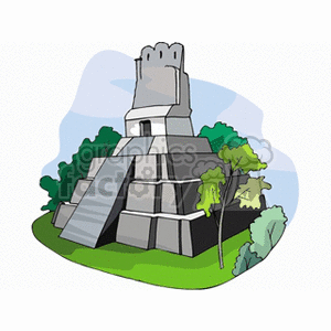 Illustration of an ancient pyramid structure surrounded by greenery.