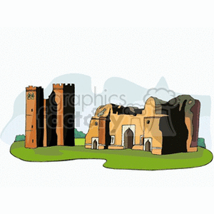 A colorful clipart illustration depicting two historic buildings resembling landmarks, set against a simple landscape.