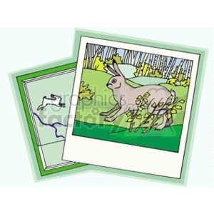   The clipart image features two overlapping pictures. The prominent one in the foreground depicts a rabbit in a green field with some trees or a forest in the background. The rabbit is sitting up, and its ears are perked up as if it