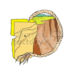 The clipart image depicts a stylized representation of a hiking trail map overlapping the edge of a cliff or canyon. It appears to be a simplistic drawing with a map showing a trail, marked with dash lines and the number 10, possibly indicating a trail number or distance. The rope encircling the map and cliff gives a suggestion of adventure or exploration. The colors used are primarily yellow for the map, brown for the cliff, and green for the top of the cliff, indicating grass or vegetation.