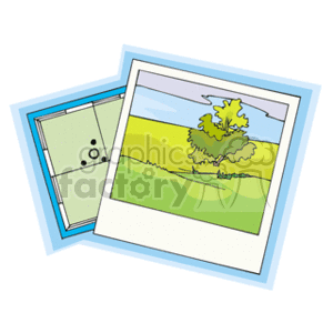 The clipart image shows two overlapping pictures. One picture appears to depict a section of a map with some markers or waypoints. The other image features a stylized drawing of a landscape with a large bush or tree in the foreground on a field with rolling hills in the background under a sky with one cloud.