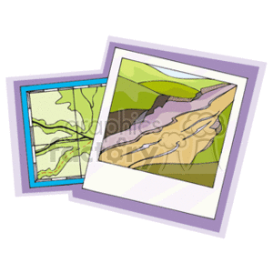 The image shows two stylized illustrations representing maps. One map appears to include a top-down view with curves indicating a river or waterways and land areas. The other seems to be a more abstract representation of a geographic feature, potentially a valley or canyon with a river running through it.