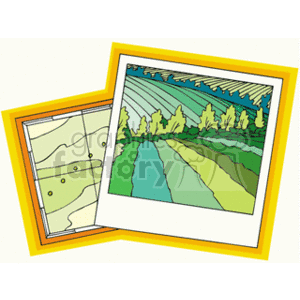   The image displays two overlapping stylized frames, one containing a map and the other depicting a vivid, cartoon-like drawing of a forest scene. In the forest scene, there are rows of green trees, and a field that is seemly separated by pathways or small rivers. In the background, there