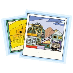 The clipart image shows two overlapping polaroid-style images. The top polaroid depicts colorful factory buildings with different architectural styles and a mountain in the background, suggesting an industrial setting. The bottom polaroid appears to show a section of a yellow map with grid lines, possibly representing an area layout or a section of a geographic map.