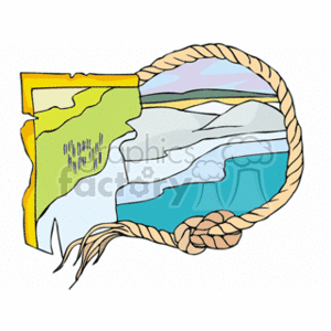 The clipart image depicts a stylized map surrounded by a rope border. The map includes a yellow and green land area on the left side, possibly indicating terrain or geographical features such as forests or grasslands. On the right side, there are shades of blue representing water bodies, which transition into white and light blue areas suggesting snow and ice, indicating a cold or polar region. The rope border gives the impression of an old or adventurous theme, possibly related to exploration or nautical themes.