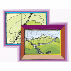 This clipart image features two framed pictures. The first frame shows a stylized map with squiggly lines that could represent boundaries or routes, and the second frame depicts a landscape with hills, a pipeline running through it, and some buildings or industrial structures. The map and the landscape are reminiscent of planning or infrastructure-related illustrations.