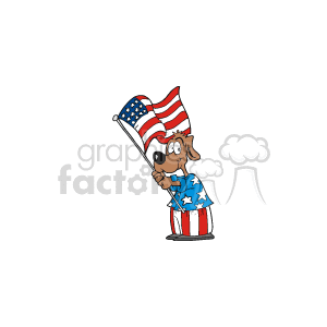 The clipart image shows a cartoon dog dressed in a patriotic outfit with an American flag motif. The dog is holding an American flag. The attire suggests themes of patriotism and national celebrations such as Memorial Day, Independence Day, or events related to American elections and voting.