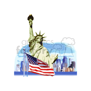 The clipart image features the Statue of Liberty, an iconic symbol of freedom and the United States, along with the American flag displayed prominently in the foreground. In the background, a stylized silhouette represents the skyline of New York City, suggesting a setting in NY. The image conveys themes of patriotism and American pride, and could be associated with holidays like Memorial Day or July 4th.