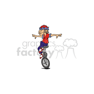 The clipart image features a cartoon character of a man riding a unicycle. The man is balancing with arms extended, wearing a red, white, and blue outfit with stripes that evoke the American flag. He also wears a helmet for safety. The colors and style suggest a patriotic theme which could be associated with American holidays such as Labor Day or the Fourth of July. The image has a playful feel and could be related to both circus performers and patriotic celebrations.