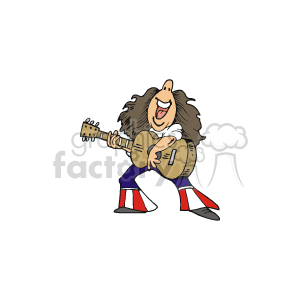 The clipart image depicts a cartoon-like character that appears to be singing and playing the guitar. The character is dressed in a white top and purple pants, and is wearing boots with a design that seems reminiscent of the American flag. The character's enthusiastic expression suggests they are enjoying the music they're playing.