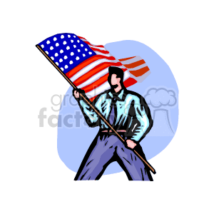 The clipart image features a stylized illustration of a man in a business suit holding a large American flag that is waving in the air. The man appears to be standing in a position of pride or celebration.