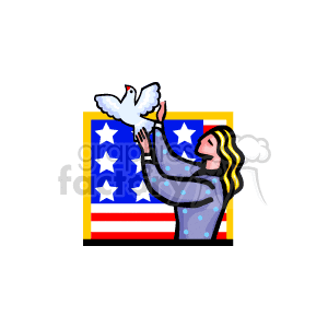The clipart image features a stylized illustration of a woman releasing a white dove against a backdrop that includes the motif of the American flag, symbolizing peace and freedom. The woman has long, wavy hair and is wearing a long-sleeve dress with a dotted pattern.