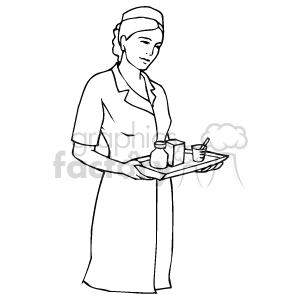   The image is a black and white line drawing of a nurse. She is wearing a nurse