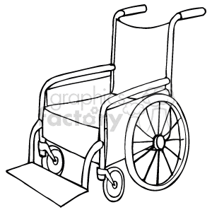   The image is a black and white line drawing of a manual wheelchair. It features the seat, backrest, two large rear wheels, two small front casters, footrests, and push handles. 