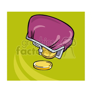 A clipart image of a purple coin purse with a golden coin falling out, set against a green background.
