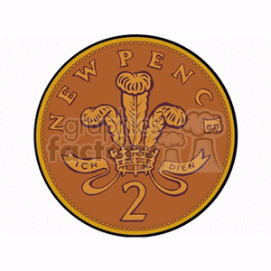 Clipart image of a British two pence coin showing the reverse side. The coin features the inscription 'NEW PENCE' along with the Prince of Wales feathers and the number '2'.