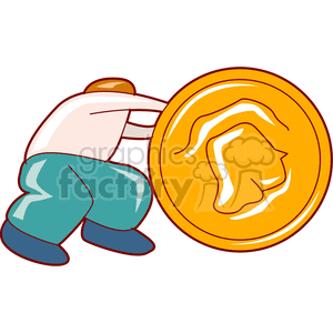 A clipart image of a person pushing a large gold coin. The person appears to be wearing baggy teal pants and a white shirt.