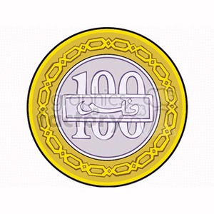 Clipart image of a round coin with the number 100 and Arabic script in the center, featuring a two-toned design with a gold outer ring and a silver inner circle.