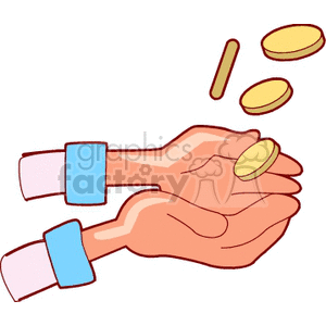 Clipart image of two hands catching falling coins.