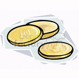 Clipart image of three gold coins, with one coin displaying the number '10' and another displaying the number '5'.