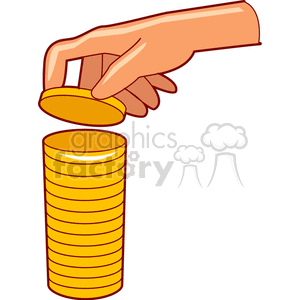 A clipart image of a hand stacking a pile of golden coins.