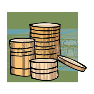 Clipart image of stacks of gold coins on a green and blue background.