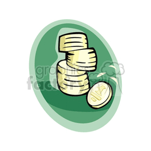 A clipart image featuring a stack of golden coins and a single coin falling beside it, set against a green oval background.