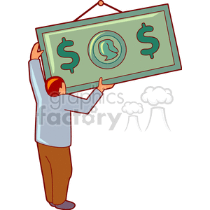 Clipart illustration of a person hanging or arranging a large dollar bill on a wall.