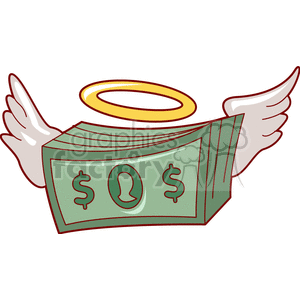 Clipart image of a stack of green dollar bills with wings and a golden halo above it.