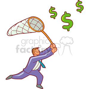 Clipart image of a businessperson in a suit and tie using a net to catch flying dollar signs, symbolizing financial success or opportunity.