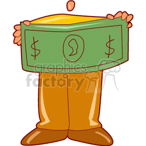 A cartoon figure holding a large green dollar bill.