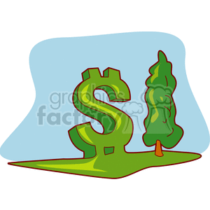 Clipart image featuring a green dollar sign and a tree against a blue and green background.