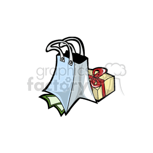 The clipart image shows a shopping bag with money spilling out and a gift box with a red ribbon next to it.